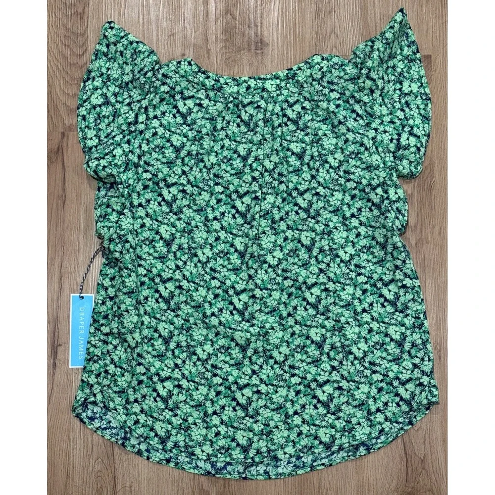 Draper James Top Size S Flutter Sleeve Square Neck Floral Green‎ Navy NEW - Picture 7 of 9